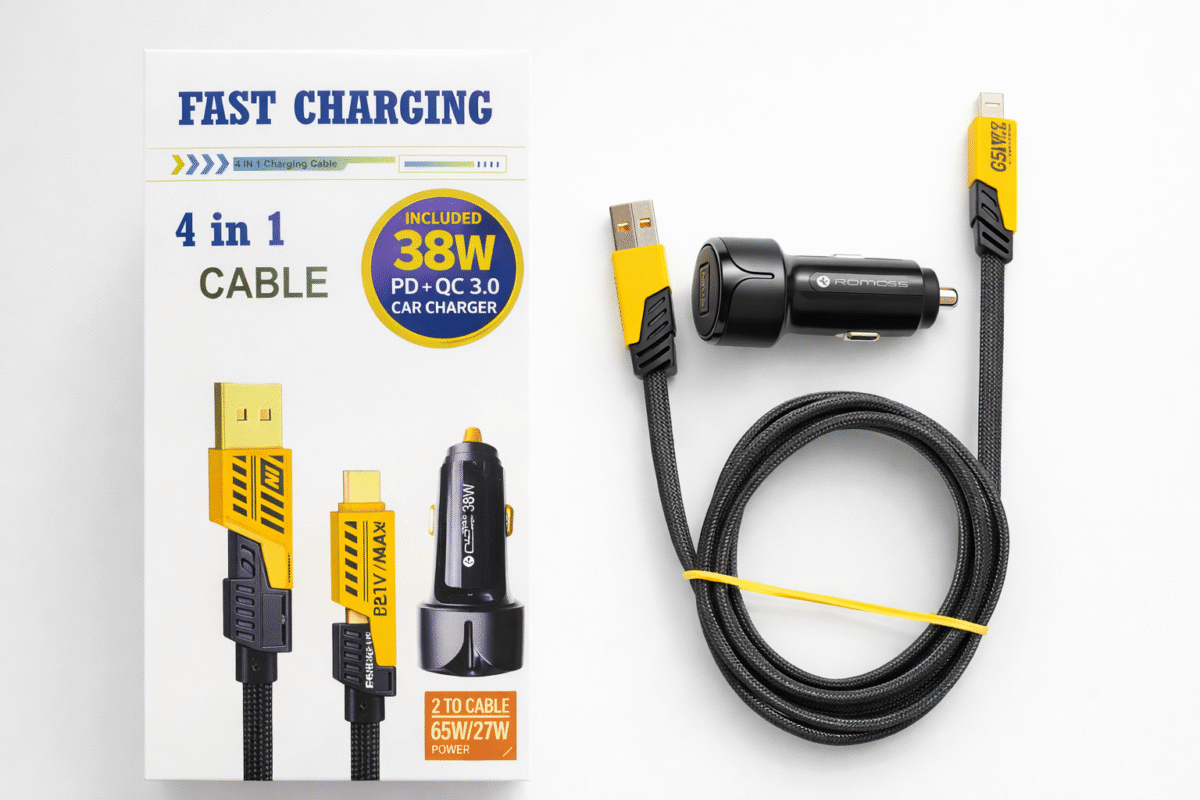 4 in 1 Fast Charging Cable with 38W PD + QC 3.0 Car Charger 